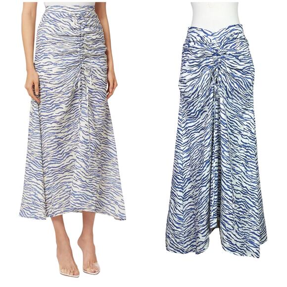 PAPER London | Sisi Linen Zebra Striped Blue Cream Scrunched Maxi Skirt 8 - Picture 1 of 10